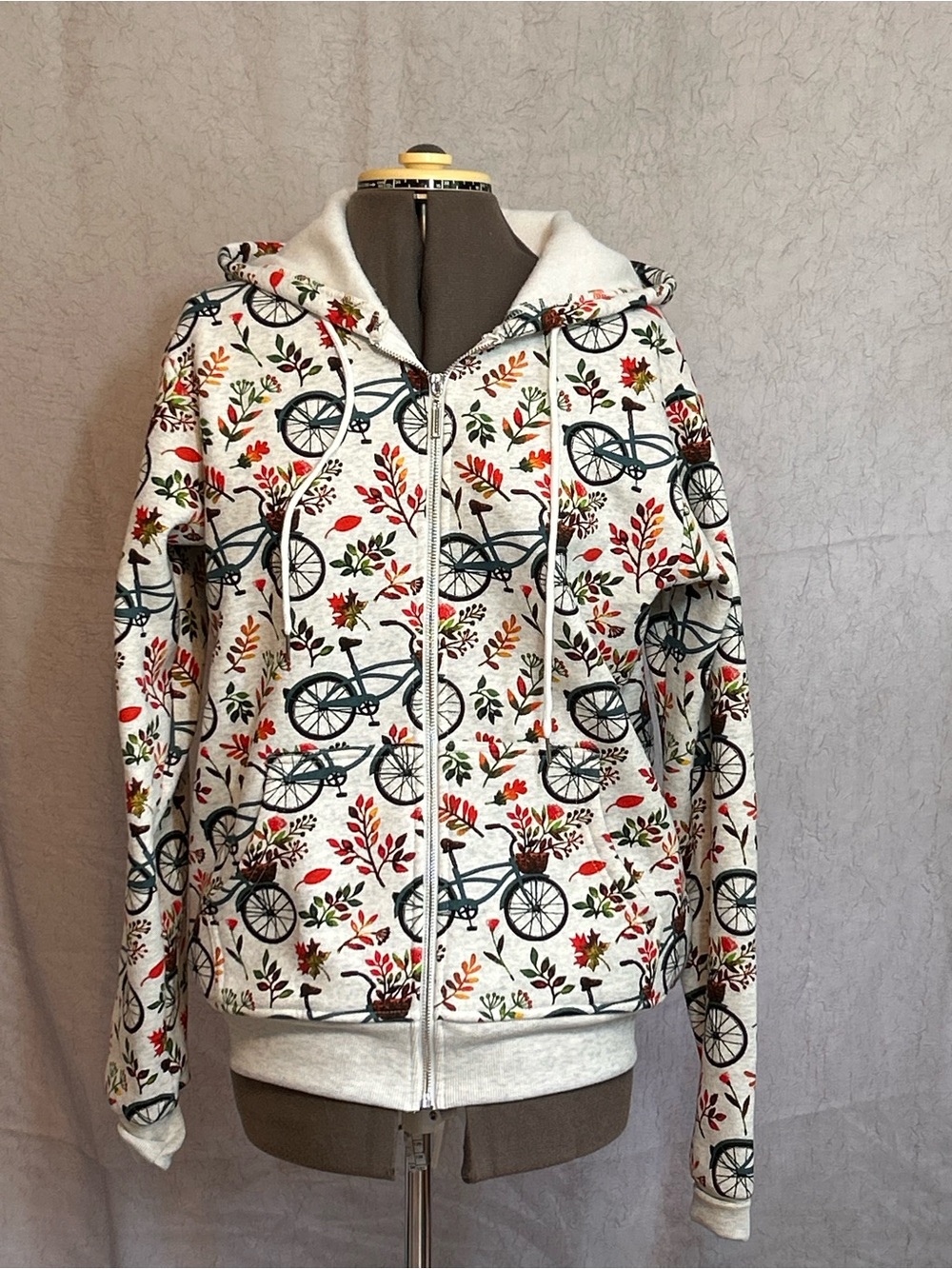 Cream Zip Bomber Jacket with Bicycle & Leaf Print